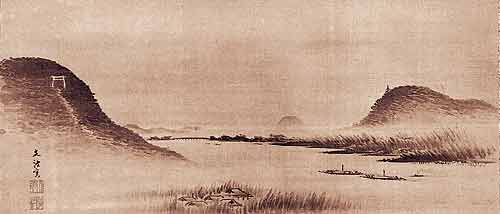 天王山男山画　江戸後期（疋田家蔵）西から山崎地峡を眺めた風景画である。左手には天王山、右手には男山、中央には木津川に架かる淀大橋が見える。作者の林文波（1786〜1845）は大阪在住の画人である。